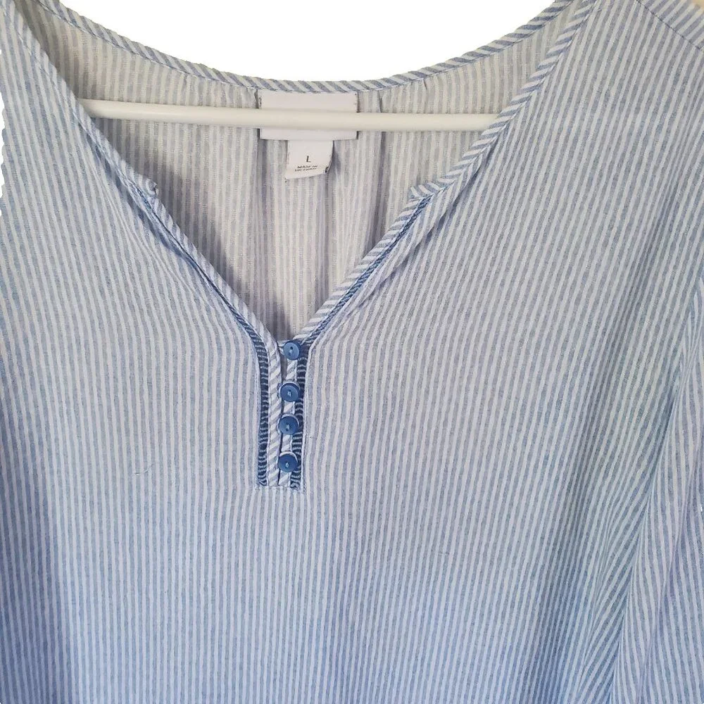Liz Claiborne Womens Popover Top Size L Blue Stripe Nautical Coastal Beachy Boho